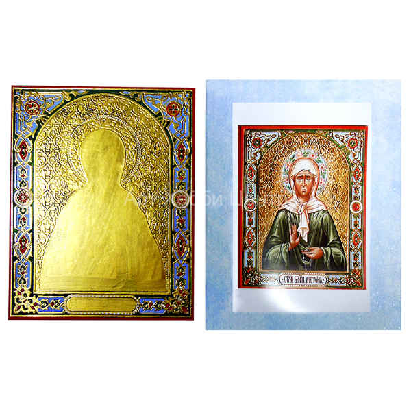 Доска иконная с чеканкой по золоту 13х16см Матрона Московская