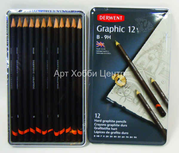 Набор карандашей чернографитных Graphic B-9H 12шт в металл коробке DERWENT