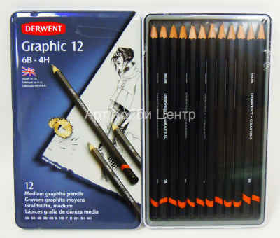 Набор карандашей графитных 12шт Graphic 6B-4H в металл коробке DERWENT