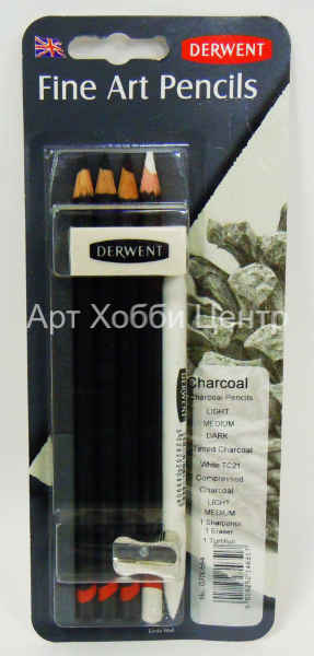 Набор карандашей графитных 4шт Charcoal +аксессуары в блистере DERWENT