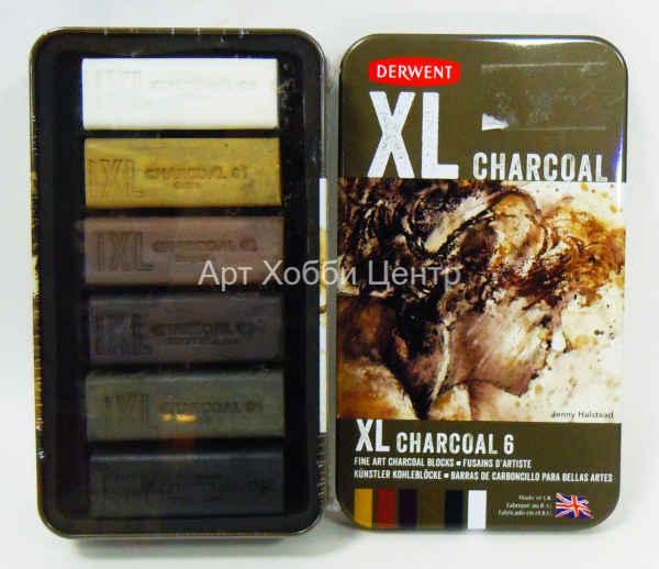 Набор угля XL Charcoal 6 цветов в металлической коробке Derwent